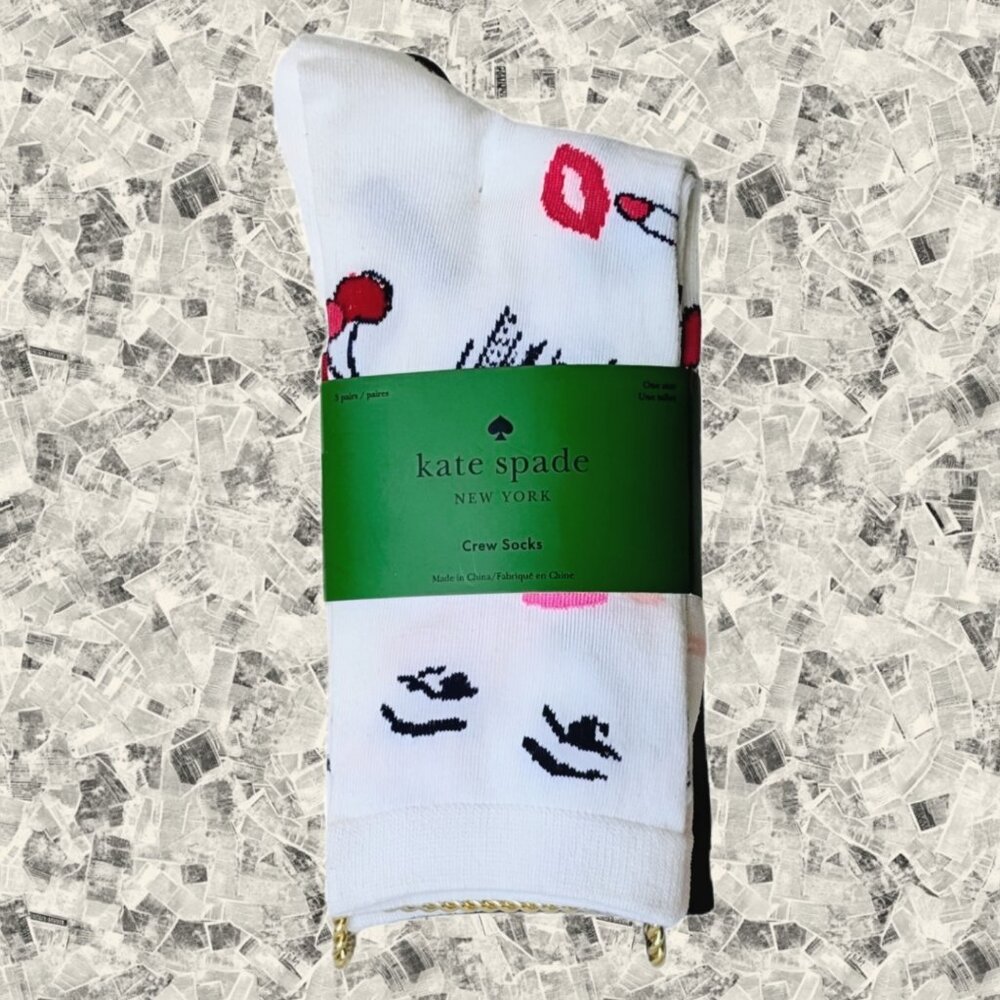 ♠️ Kate Spade New York Crew Socks 3-Pack Face Lipstick Print NWT